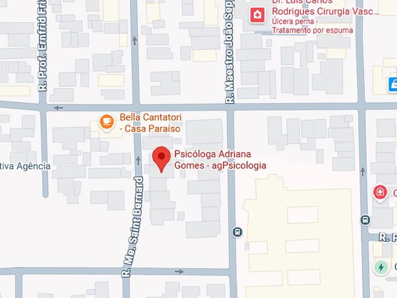 Mapa da região do consultório da AG Psicologia na Rua Madre Saint Bernard, Jardim Paraíso, São Carlos, perto da Santa Casa